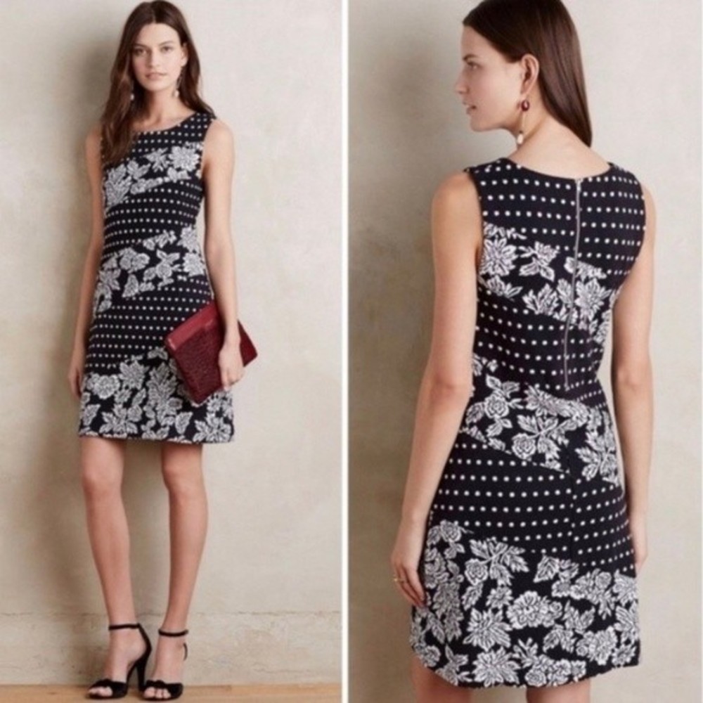 Anthropologie Dress Maeve Effemy Jacquard Shift Dress Floral Black White Small